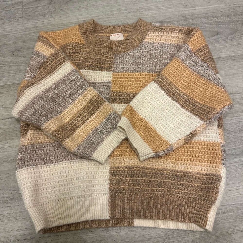 Kerisma Patchwork Stripe Crewneck Sweater in Cream, Tan, Brown